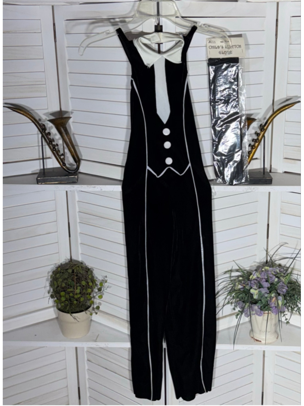 Vintage New York Jazz dancer child costume velvet jumpsuit black Halloween sz S